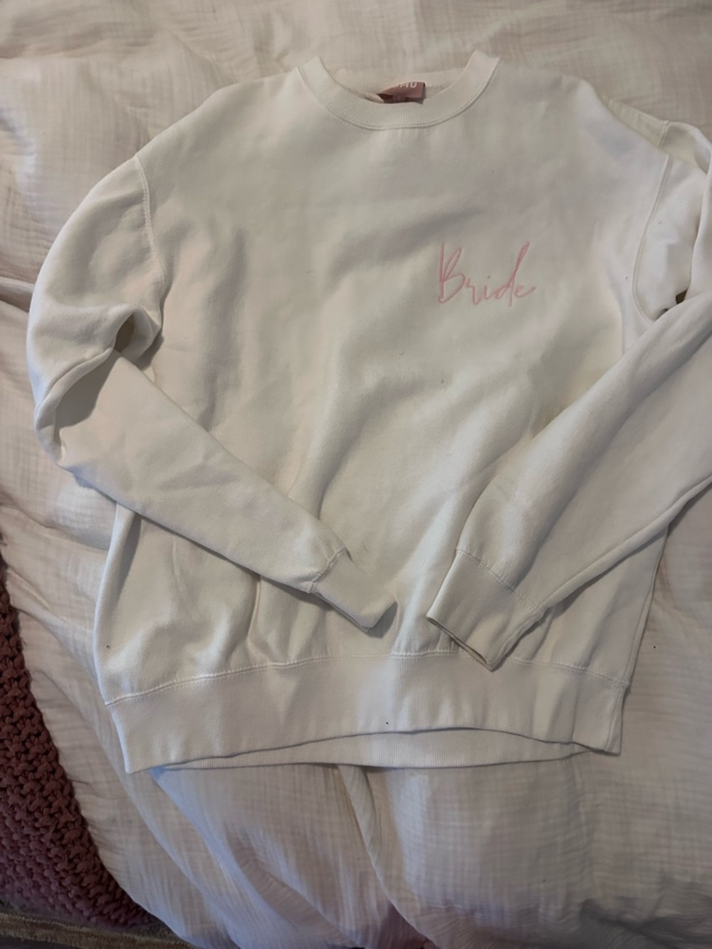 Show Me Your Mumu White Sweatshirt with Pink Bride Script